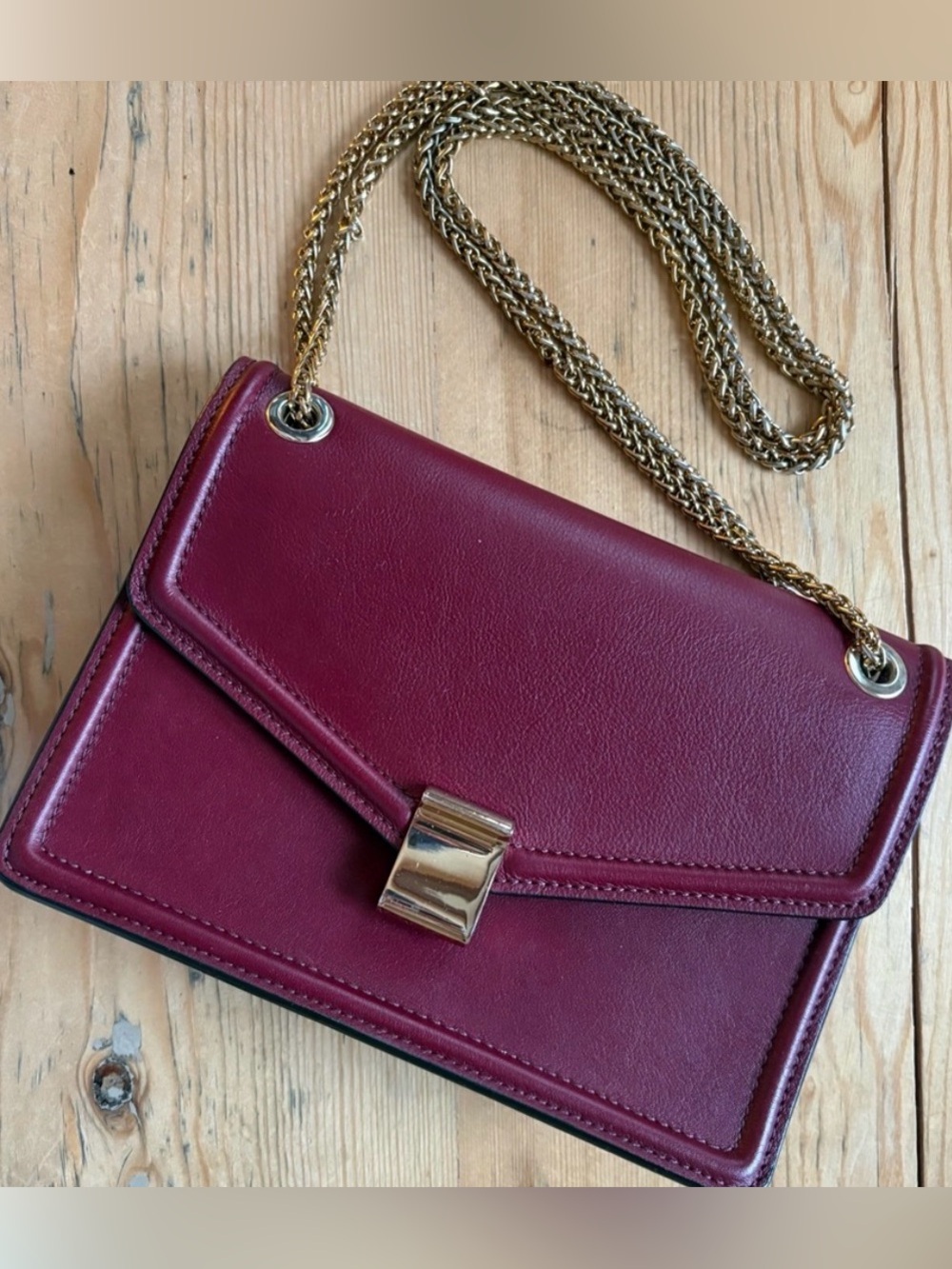 Massimo Dutti Elegant Burgundy Red Leather Gold Chain Shoulder Crossbody Bag